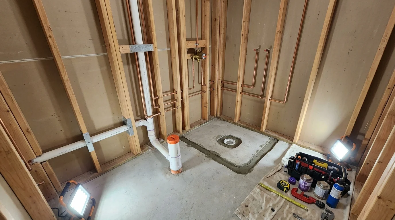 Bathroom rough-in plumbing during remodel by Johns Plumbing LLC in Ellijay