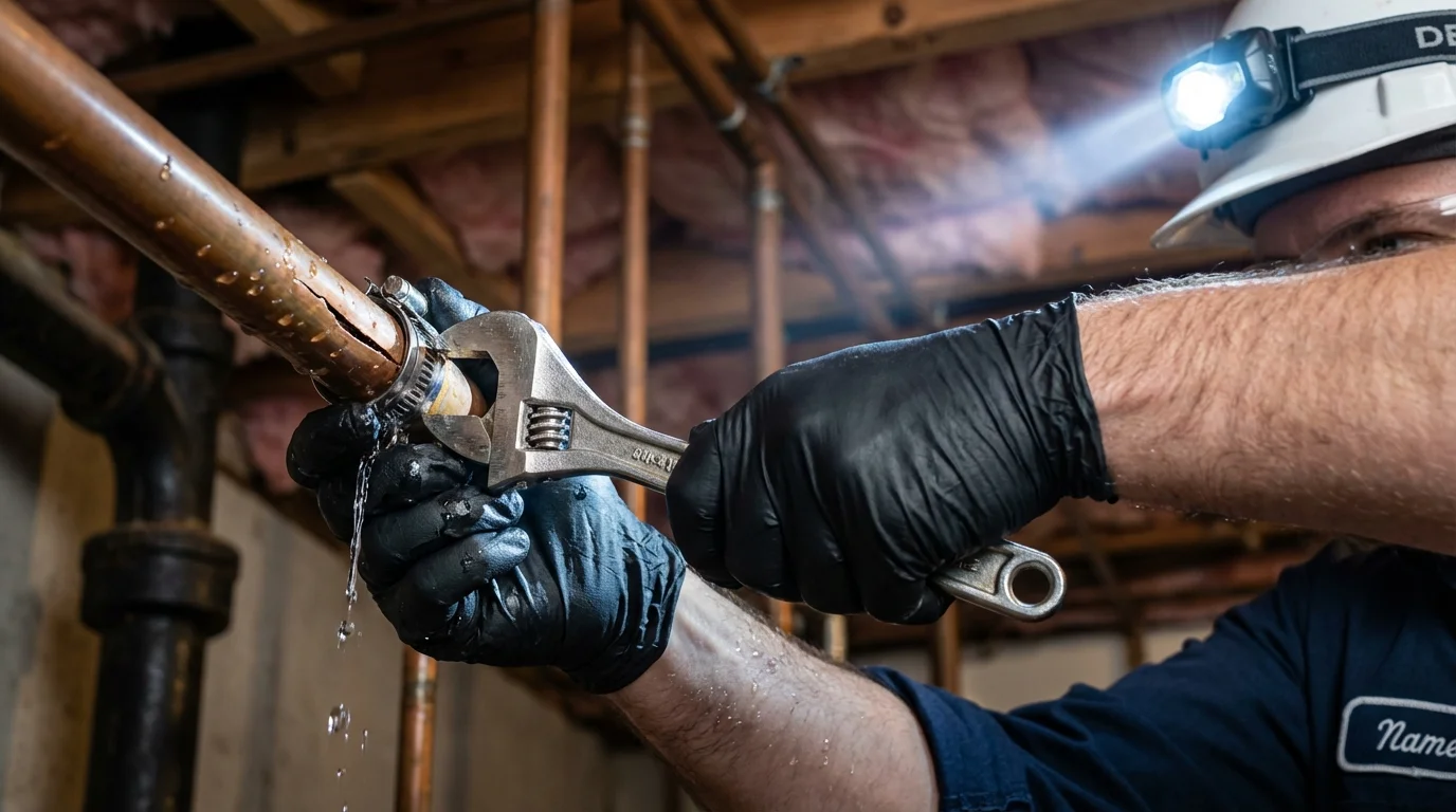 Emergency pipe clamp repair being performed by a Johns Plumbing LLC plumber in Ellijay