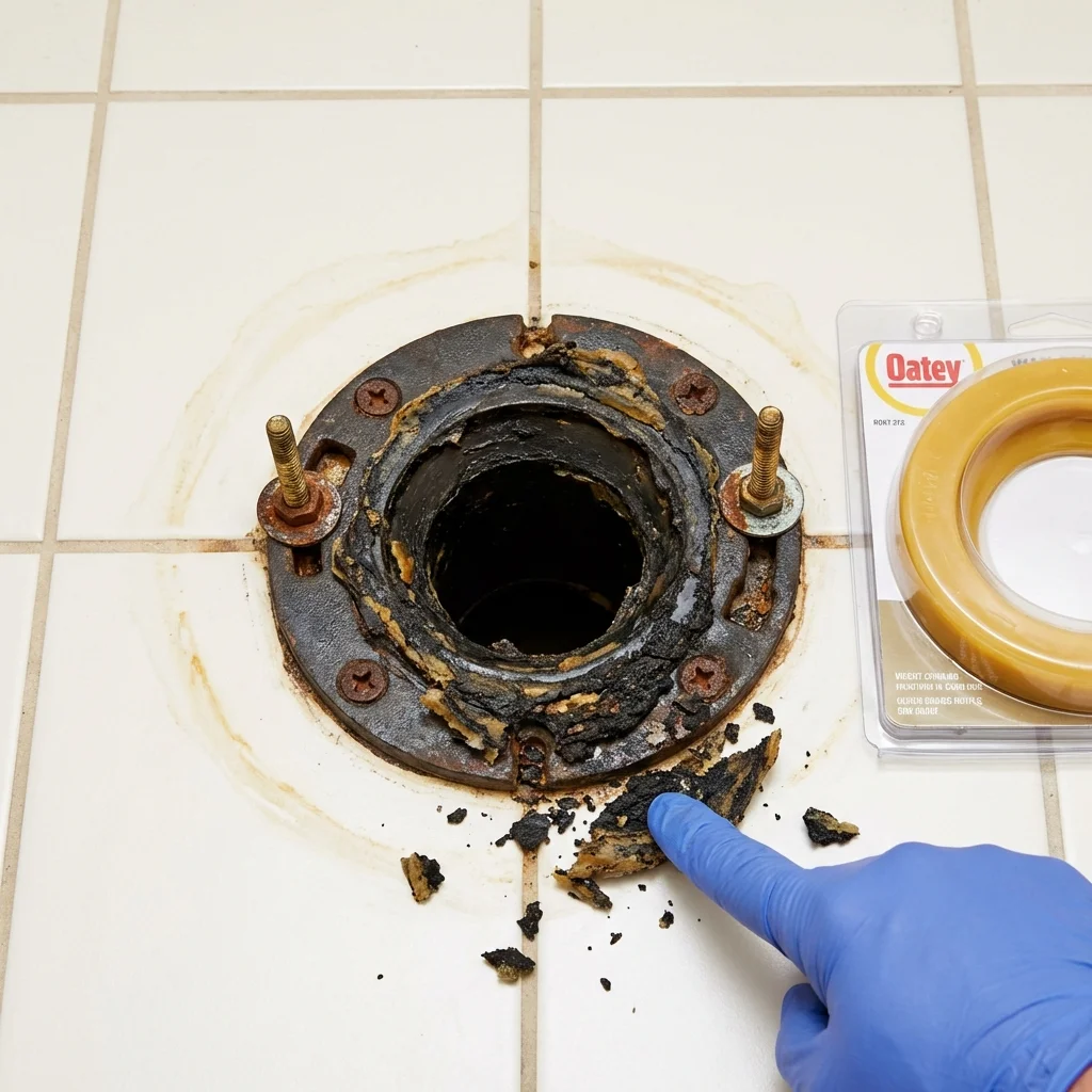 Failed wax ring showing water seepage at the base of a toilet in a Ellijay, GA home